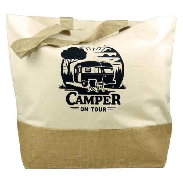 Jutetasche Canvas Shopper XL mit Camping Motiv und Spruch ‚Camper on Tour‘ | Tolles Camping Geschenk