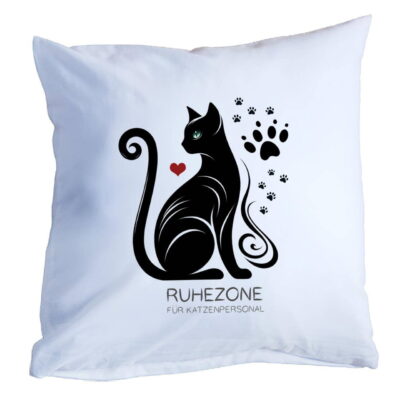 Dekokissen ‘Ruhezone für Katzenpersonal’ mit Katzenmotiv – Zweifarbiges Zierkissen, 40x40cm, für Katzenliebhaber