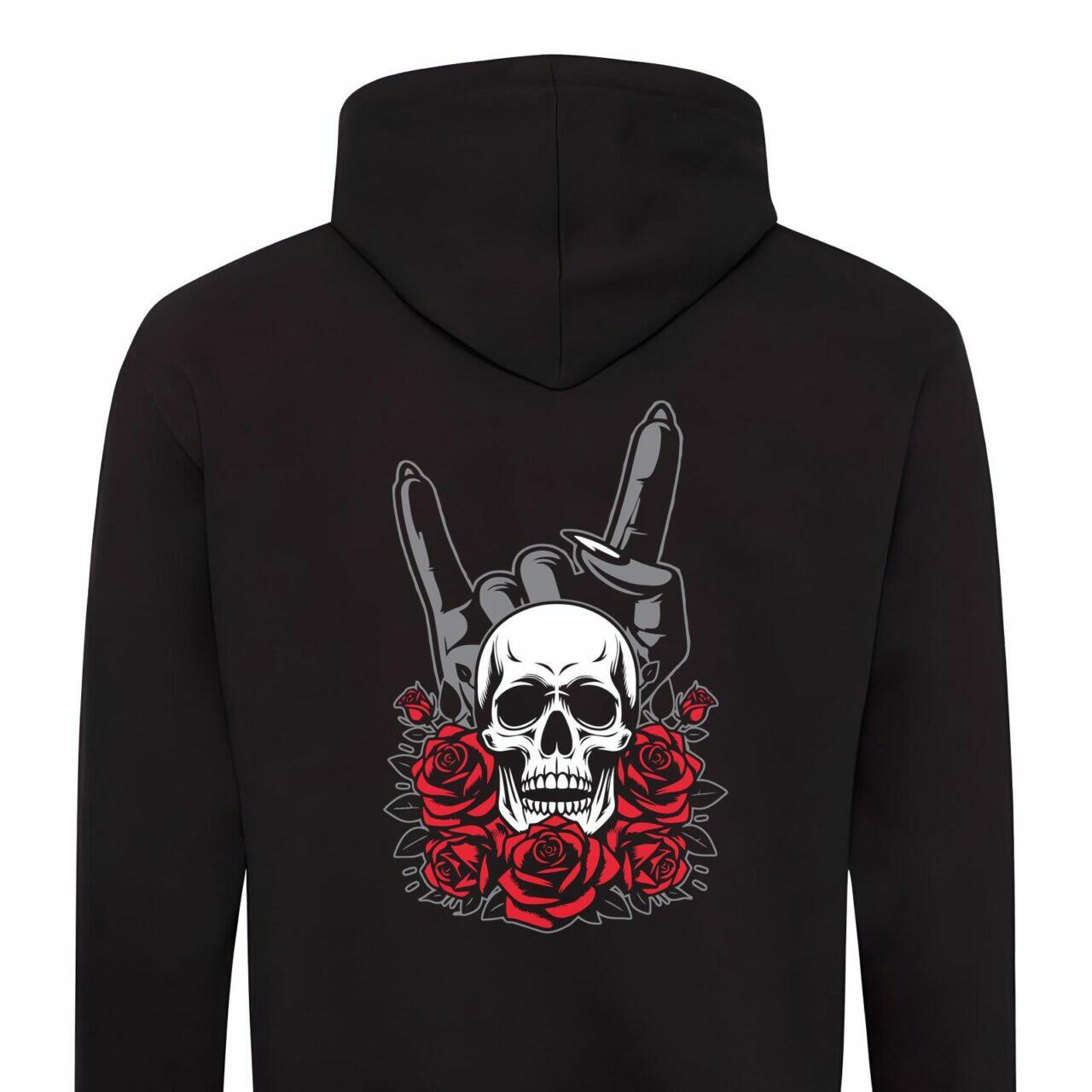 Cooles Gothic Heavy Metal Hoodie mit Totenkopf und Metal Handzeichen Damen 2 farbig Kapuze M