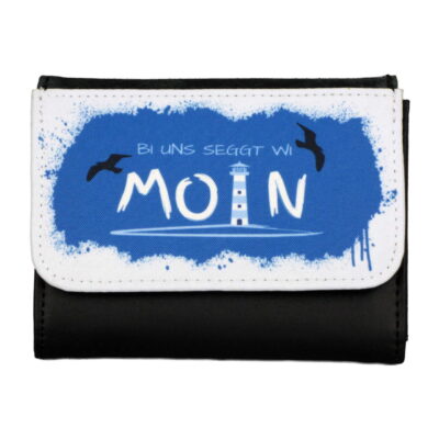 Maritimes Portemonnaie mit Leuchtturm Design ‘Bi uns seggt wi Moin’, 135×100 mm