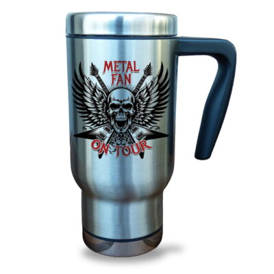 Thermobecher ‘Metal-Fan on Tour’ als Geschenk mit Totenkopf, 470ml