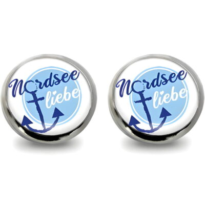 Maritime Ohrstecker ‘Nordsee Liebe’ – Edelstahl Ohrschmuck mit Anker-Motiv und Glas-Cabochon, 12mm