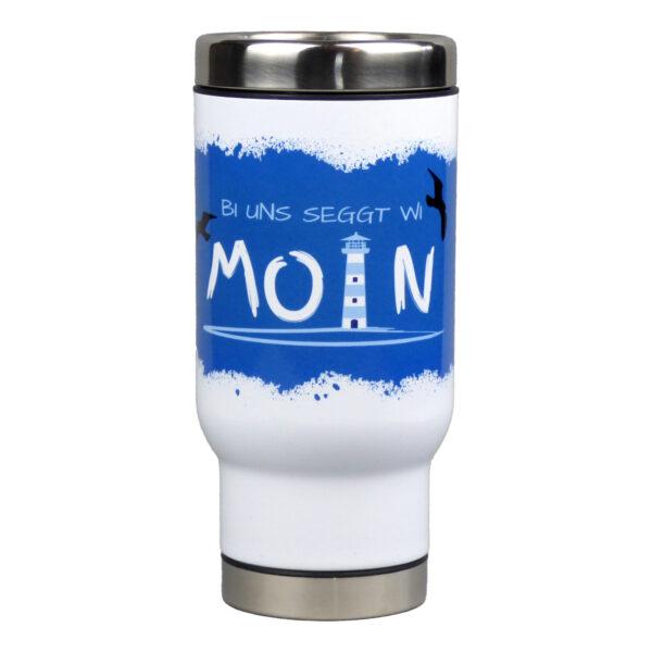 Kaffeebecher To Go mit Spruch im maritimen ‚Moin‘ Design, 470ml