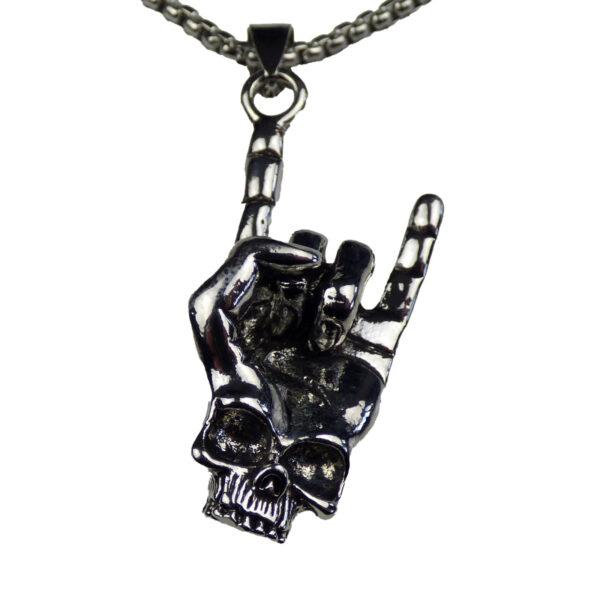 Heavy Metal Kette mit Metal Hand Pommesgabel Totenkopf Anhänger | Edelstahl