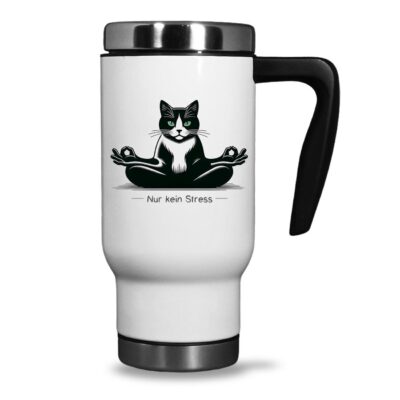 Thermobecher To Go lustig mit Spruch ‘nur kein Stress’ und Katzenmotiv für Katzenhalter, 470ml