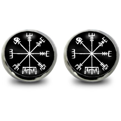 Wikinger Ohrstecker mit Vegvisir Symbol  | Cabochon Ohrringe mit nordischem Runen Kompass | Für Damen und Herren